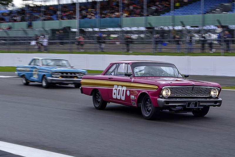 Adrian Flux Trophy race winning Ford Falcon Sprint of Sam Tordoff passes the Mercury Comet Cyclone of G & R Wills