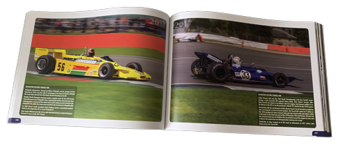 Open page spread of Classic Racing book