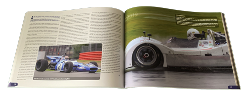 Open page spread of Classic Racing book