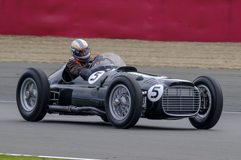 Rob Hall gets a touch of opposite lock on the BRM V16 recreation built by his Hall & Hall company.