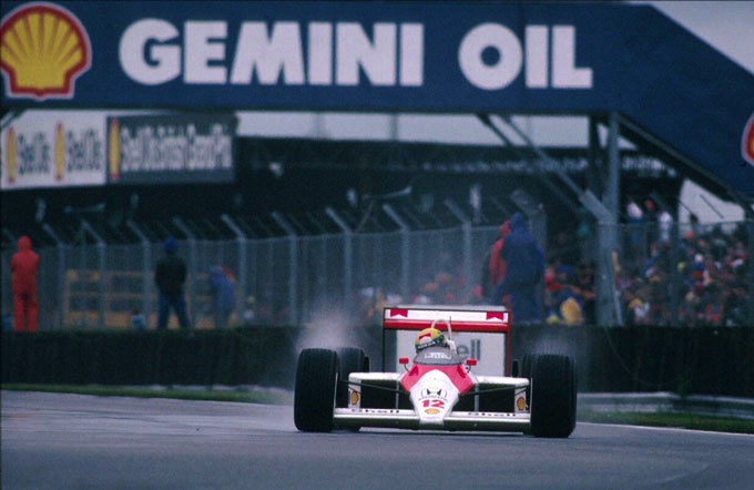 Ayrton Senna driving at wet British GP, Silverstone 1988