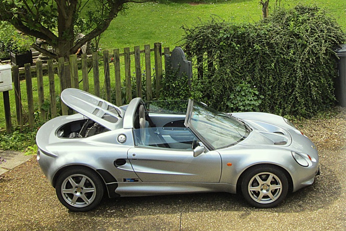 High level view of Lotus elise with engine compartment lid open