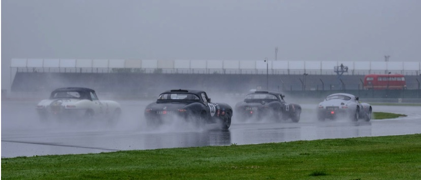 Jaguar E-types racing in frain atSilverstone